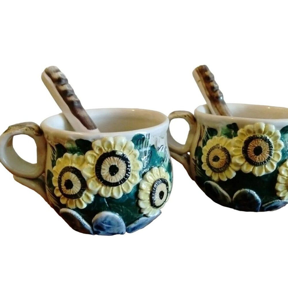 2 Sunflower Coffee Tea Cups Mugs Spoons Handmade Glazed Pottery Studio Crafted